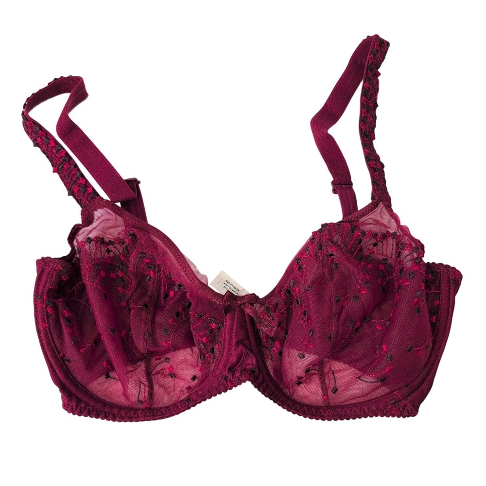 PrimaDonna Burgundy Floral Embroidered Sheer Mesh No-Wire Bra 34F US‎ UK 75F EU